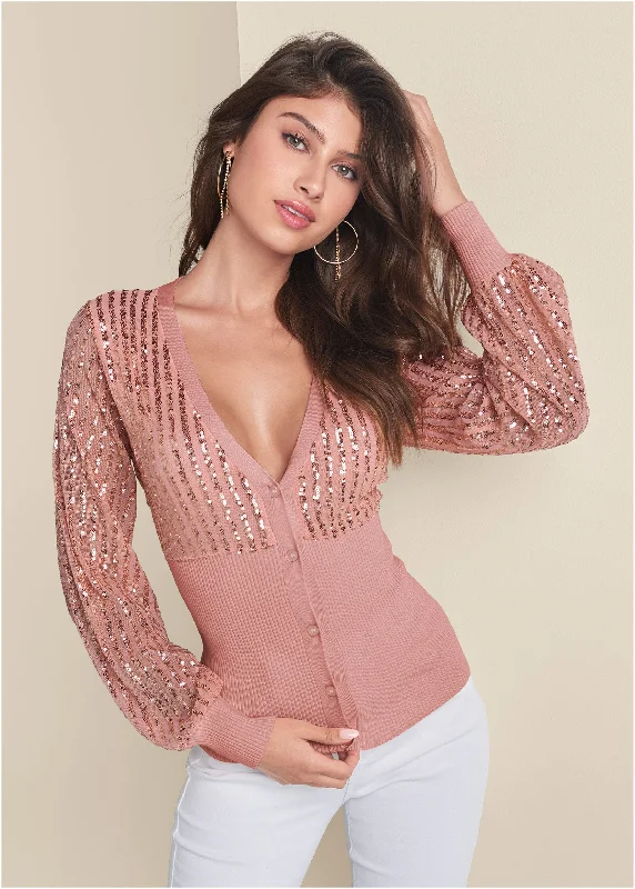 Banded Bottom Sequin Cardigan - Rose Gold Sparkling Sequin Dress