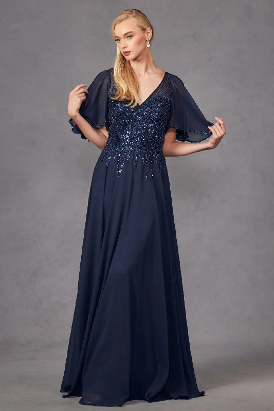 Chiffon Sleeves Deep V-Neck Embroidered Sequin Long Mother Of The Bride Dress JTJTM14F Long Sleeve Sequin