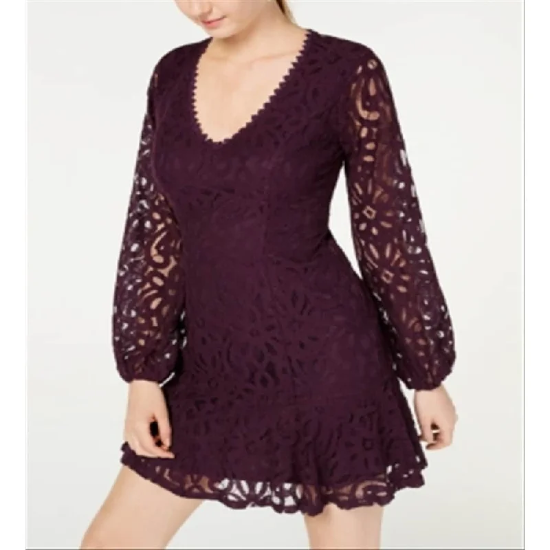 City Studios Women's Lace Cut Out Printed Long Sleeve Scoop Neck Micro Mini Evening Trapeze Dress Purple Size 7 Pink Lace Dress