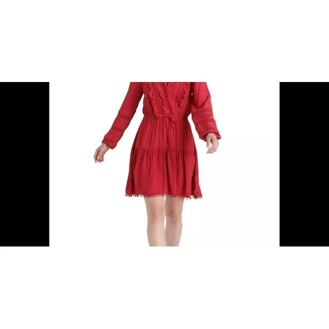 Lucky Brand Women's Lace Detail Long Sleeve Crepe Dress Red Size X-Small Lace Party Dress