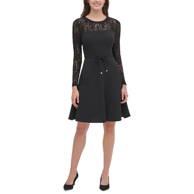 Tommy Hilfiger Women's Petite Lace-Sleeve Fit & Flare Dress Black Size 8 P Simple Lace Gown