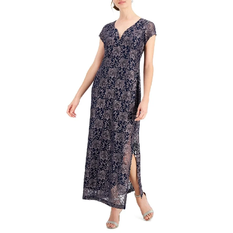 Connected Women's Printed Lace Gown Blue Size 8 Lace Dress Party