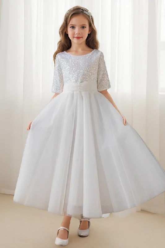 A-line/Princess Scoop Neck Tea-Length Tulle Sequined Flower Girl Dress 822092827358 Formal Sequin Dress