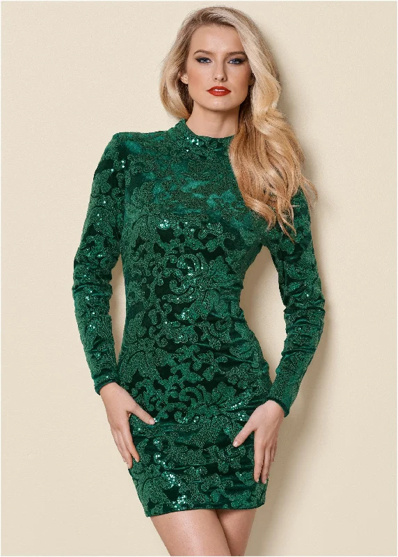 Sequin Detail Velvet Dress - Dark Green Sequin Dress Glam