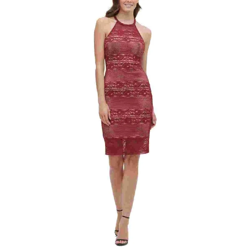 GUESS Women's Lace Illusion Halter Dress Dark Red Size 0 Lace Dress Twirl