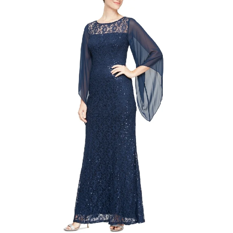 SL Fashions Women's Embellished Illusion Lace Gown Blue Size 10 Full Lace Dress