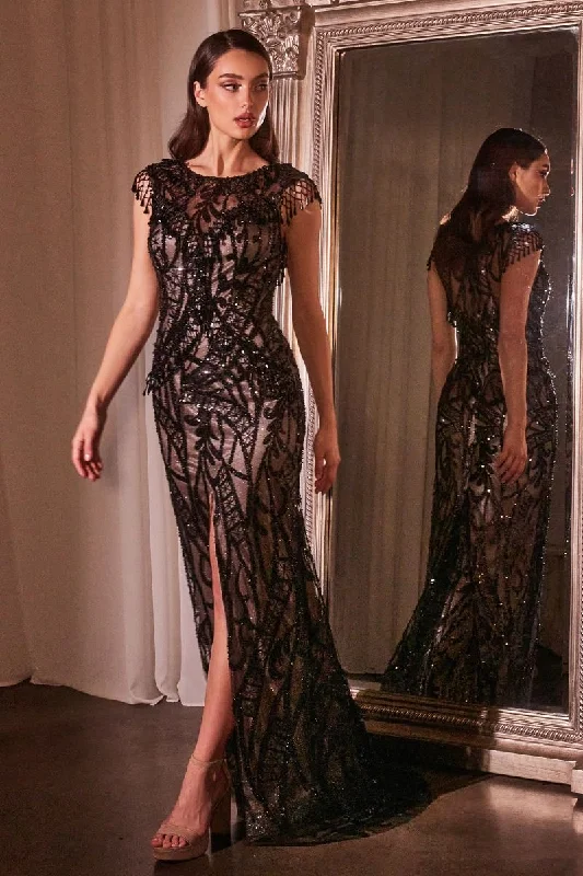 Black Nude Sheath Embroidered Sequin Long Mother Of The Bride Dress CDCC4007 Bright Sequin Dress