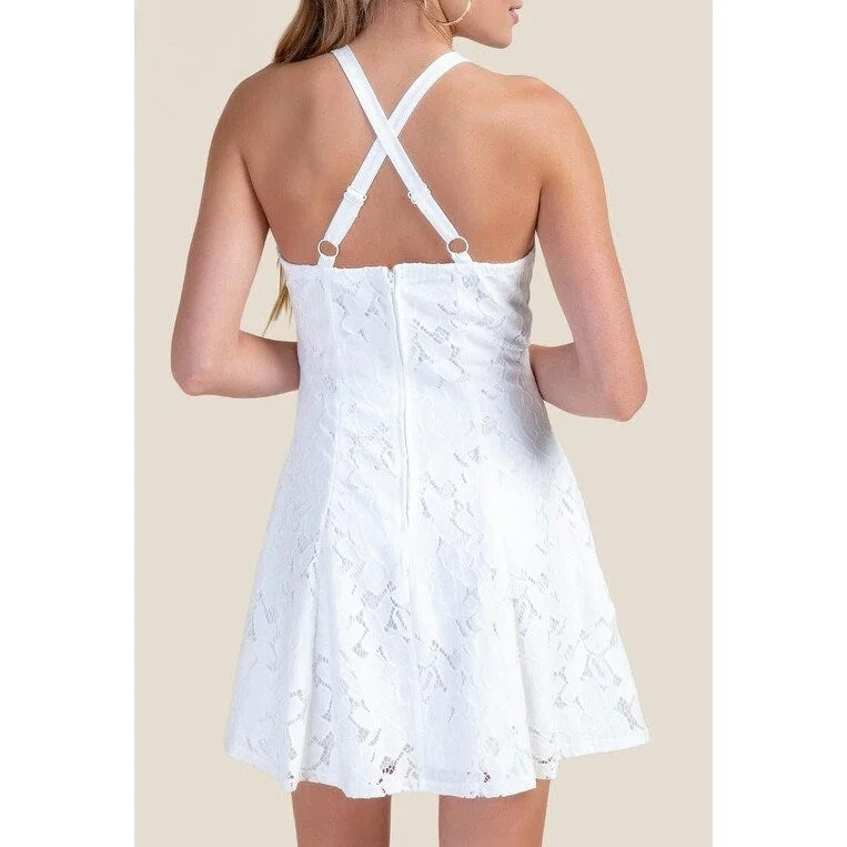 Trixxi Women's Lace Overlay Criss Cross Back Mini Dress White Size M Lace High Neck Dress