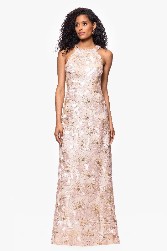 "Fabiana" Halter Neck Soutache and Sequin Floor Length Dress Sequin Evening Dress