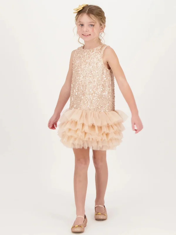 Angels Face Girls Charleston Sequin Tulle Dress in Beige Sequin Cocktail Dress