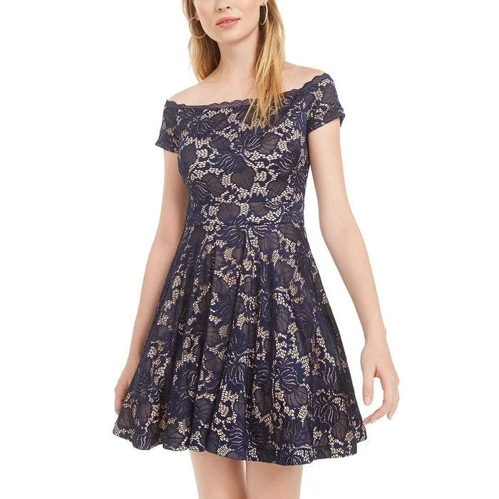 B. Darlin Womens Lace Overlay Short Fit & Flare Dress Navy Size 1-2 Lace Bridesmaid Dress