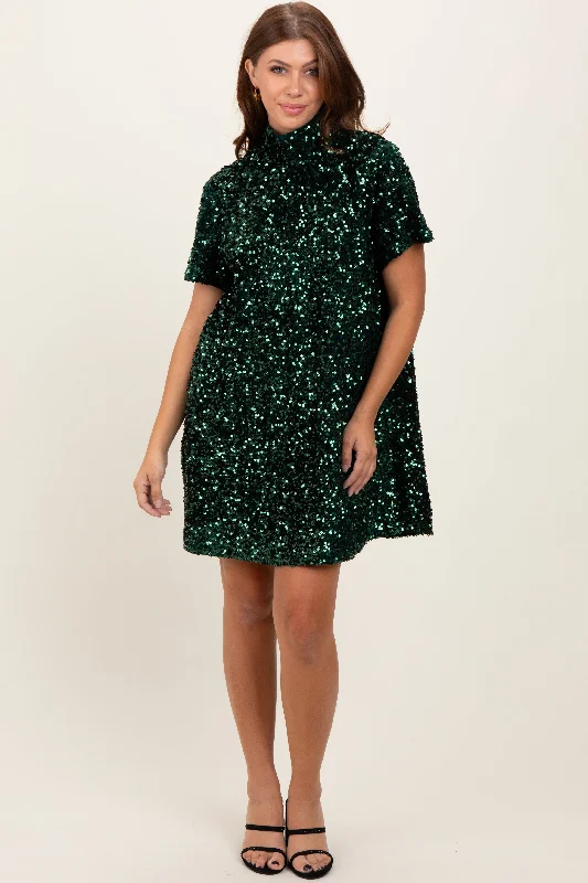 Forest Green Sequin Mock Neck Tie Back Dress Plus Size Sequin