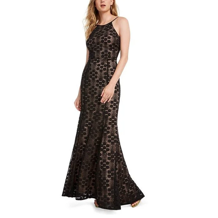 Jump Women's Lace Glitter Spaghetti Strap Halter Full Length Fit Flare Formal Dress Black Size 3-4 Lace Dress Modern