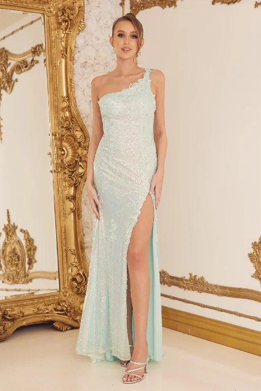 One Shoulder Embroidered Sequins Side Slit Long Prom Dress NXD1158 Flirty Sequin Dress