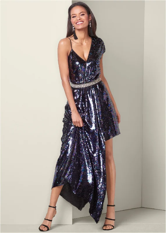 Sequin High Low Dress - Black Multi Sequin Detail Dress