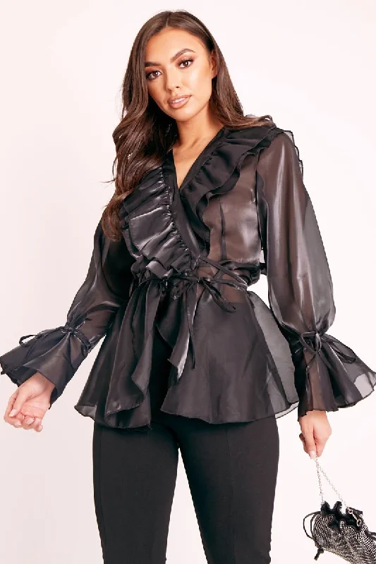 Black Organza Ruffle Wrap Blouse - Gabrielle