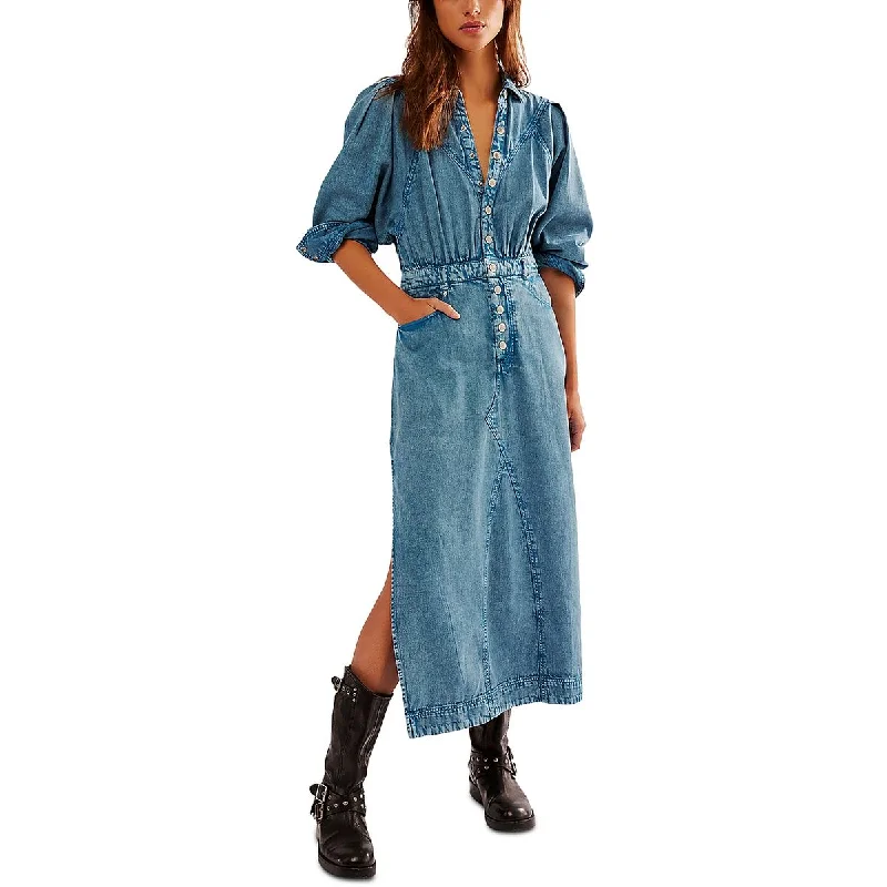 Mad Love Womens Denim Snap Placket Shirtdress Stretch Shirt Dress