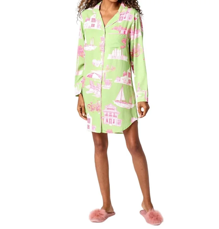 Florida Toile Sleep Shirt In Green-Pink Printed Button Shirt