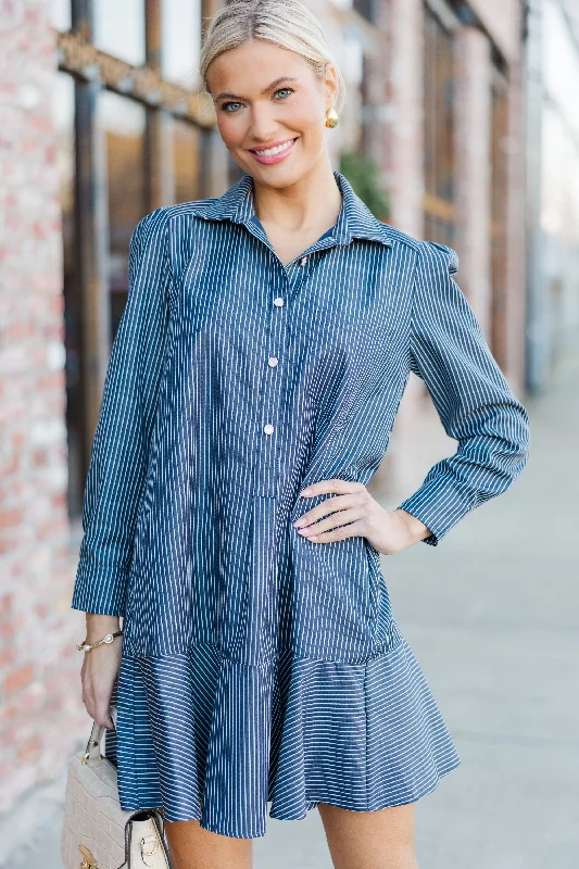 Share Your Story Navy Striped Shirt Dress Feminine Shirt Dress