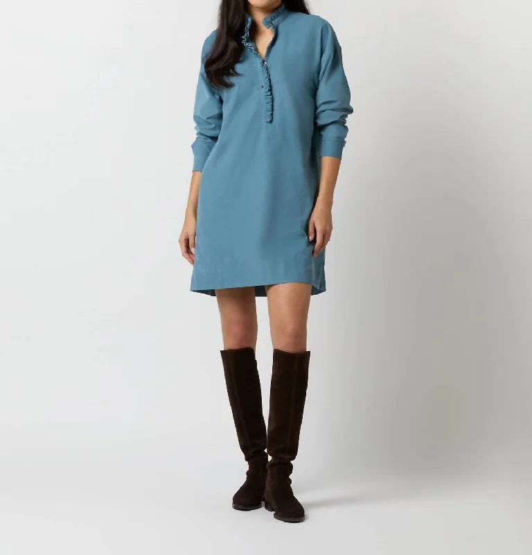 Nicky Popover Shirtdress In Steel Blue Stretch Cord Striped Shirt Dress