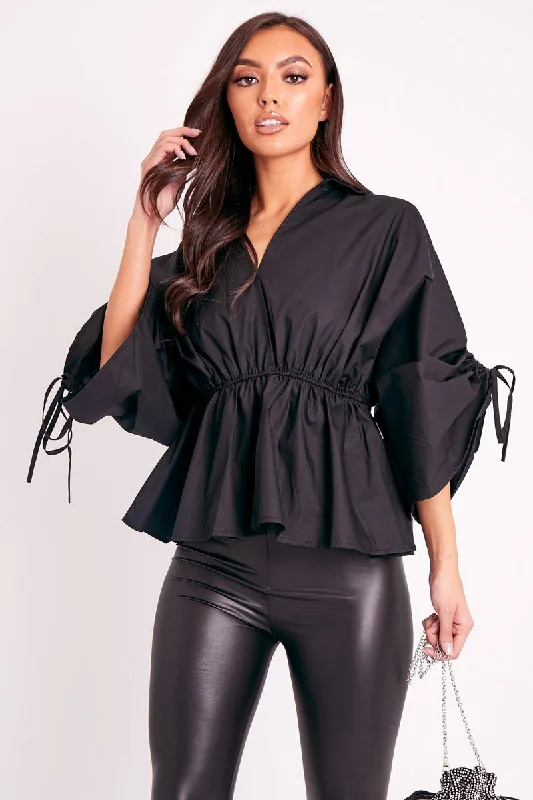 Black Ruched Waist Plunge Neckline Kimono Sleeve Shirt - Eilene