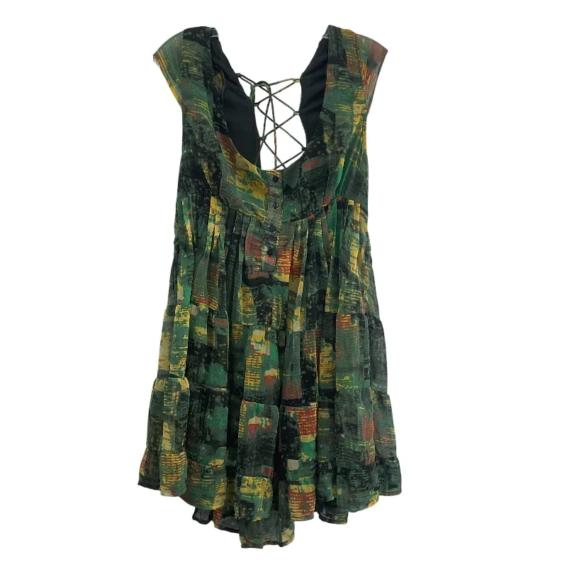 New Urban Outfitters Women's Abstract Print Ruffle Green & Yellow Shirt Dress L Sleeveless Shirt Dress