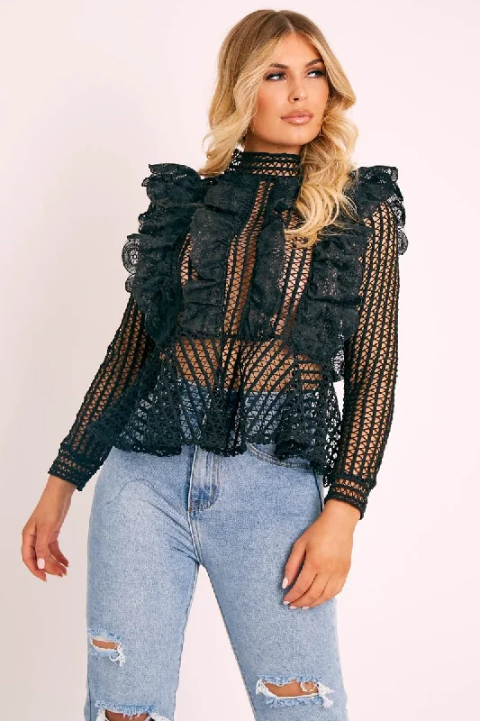 Black Lace High Neck Zip Back Blouse - Abree