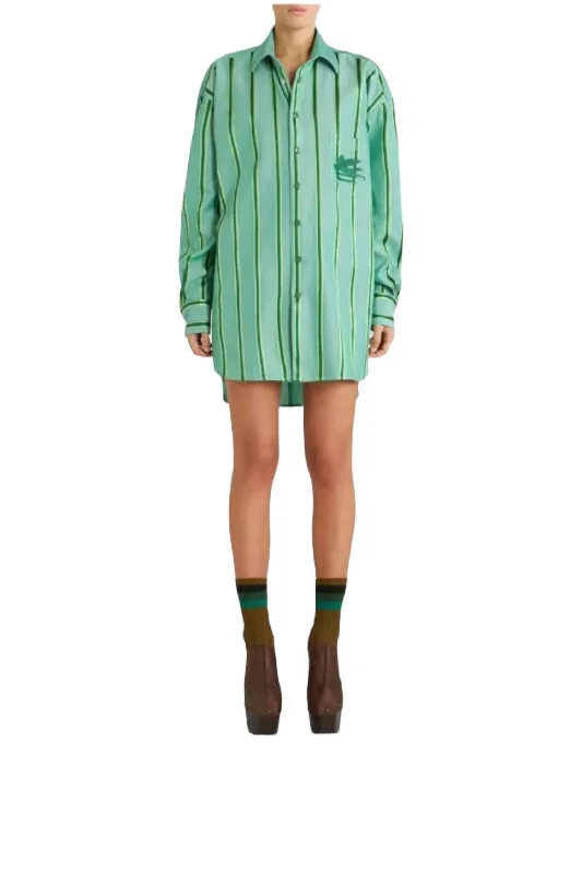 Striped Shirt Dress With Pegasus Logo In Green Long Sleeve Shirt