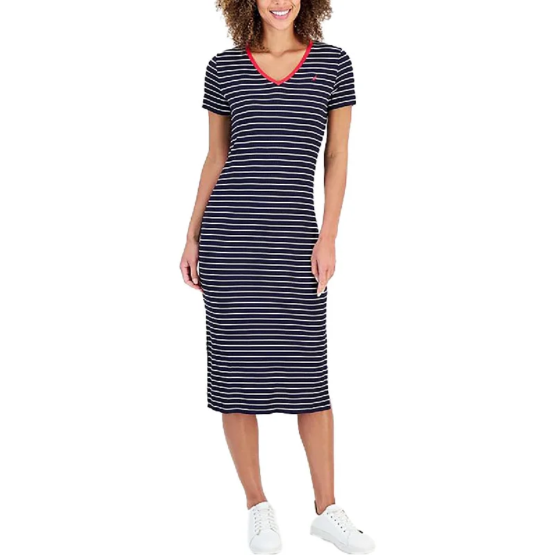 Womens Striped V-Neck Shirtdress Chic Shirt Dress