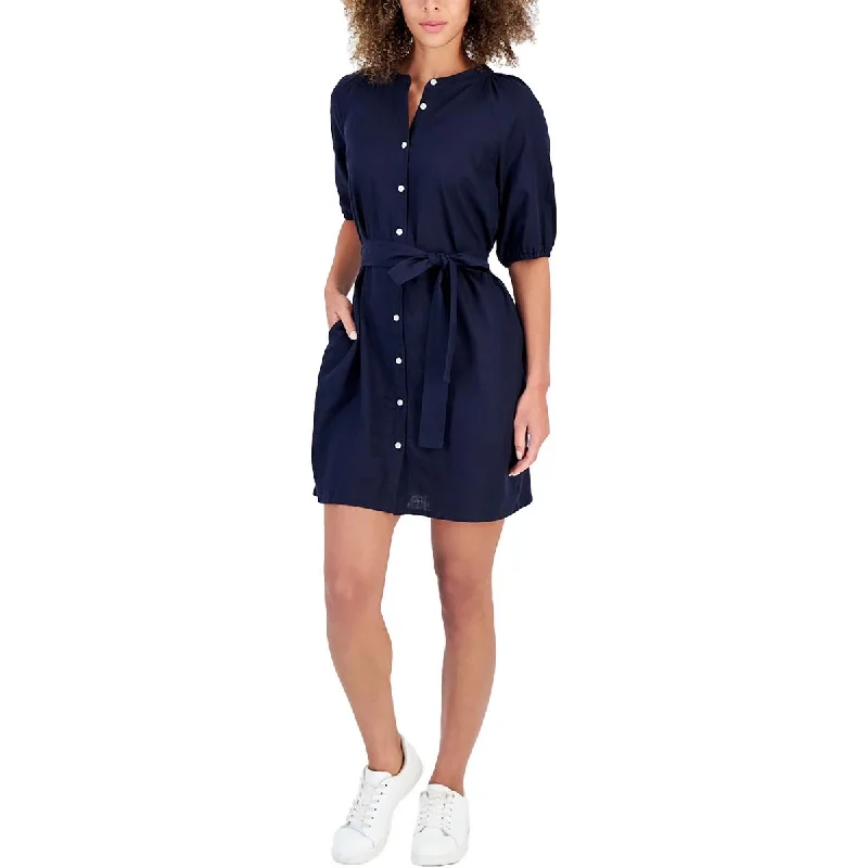 Womens Pocket Solid Shirtdress Day Shirt Dress