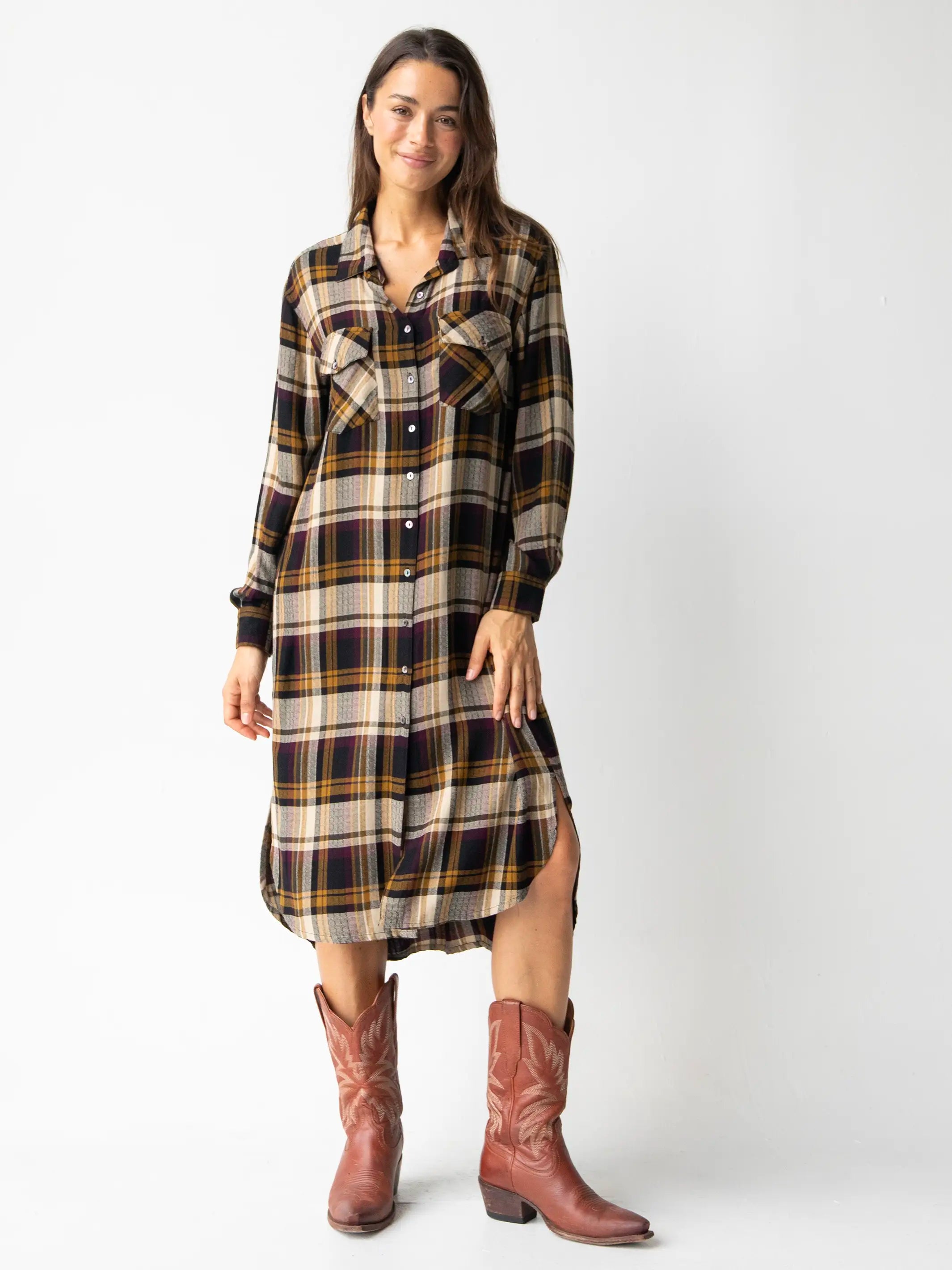 Cooper Shirt Dress - Black Tan Plaid Tartan Shirt Gown