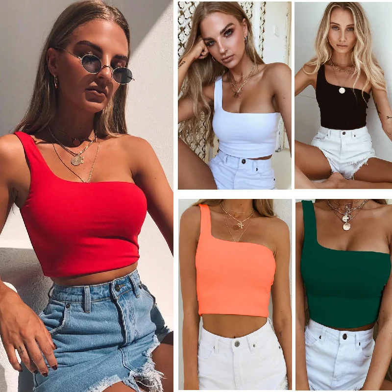 Summer Sexy One-shoulder Vest Crop Top Sleeveless T-Shirt Tank Tops Women Clothing Boho Shirt Dress