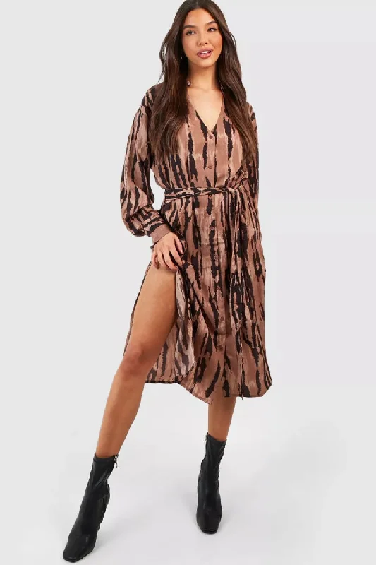 Elaine Chocolate Print Shirt Dress Fashionable Shirt Dress