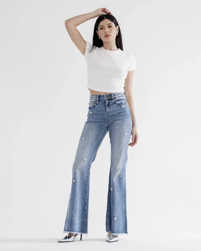 High Rise Flare Leg Jeans With Star Embroidery