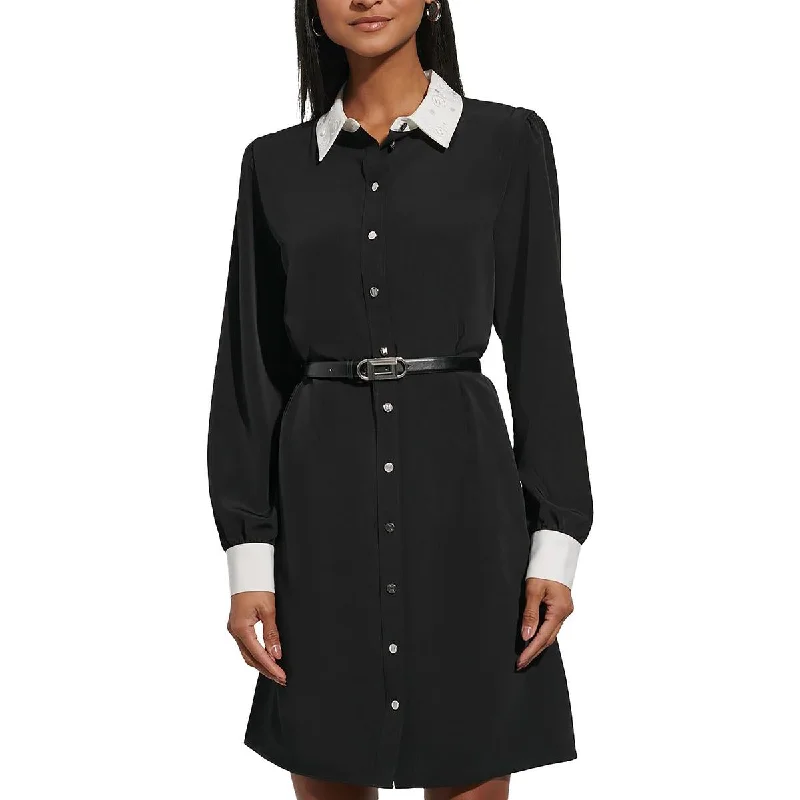 Womens Crepe Contrast Collar Shirtdress Button-up Shirt Dress