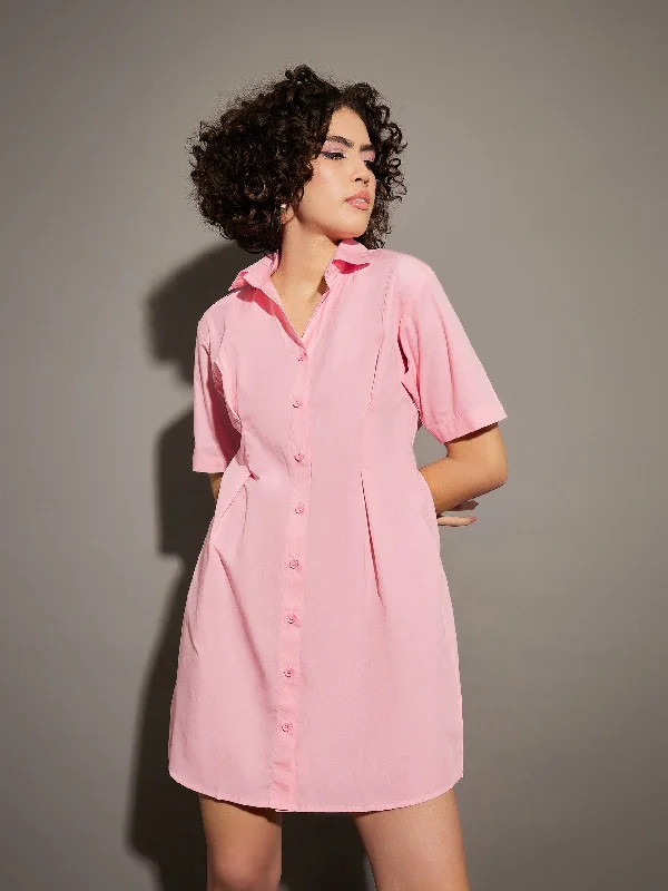 Women Pink Poplin Shirt Dress Flowy Shirt Dress