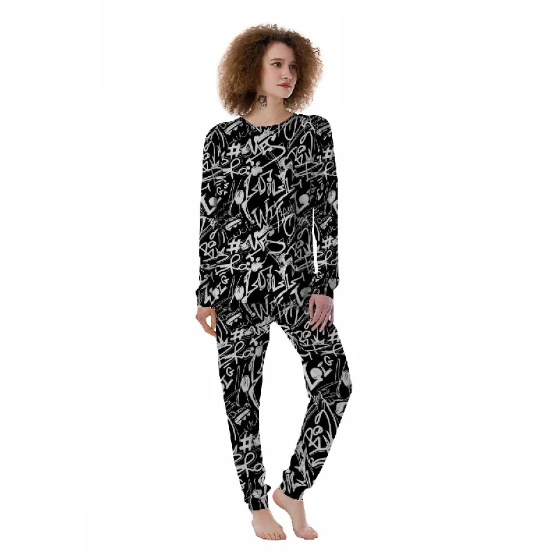 Black And White Graffiti Doodle Text Print Women's Pajamas Best pajama sets for pregnancy