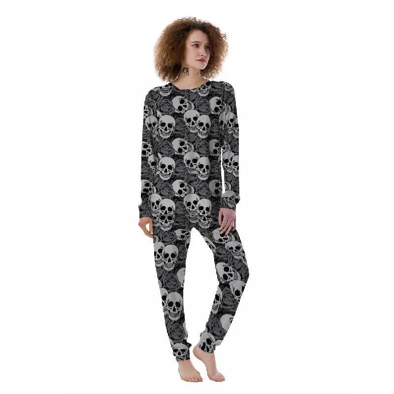 Black And White Rose Floral Skull Women's Pajamas Best pajama sets for cold weather