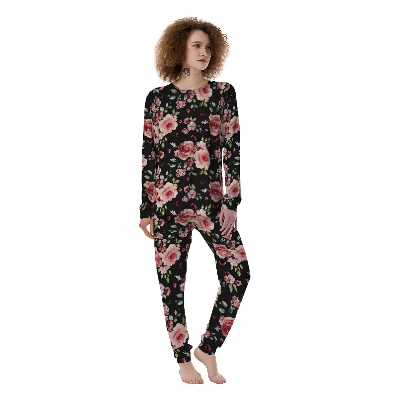 Black Pink Rose Flower Print Women's Pajamas Zara pajama sets