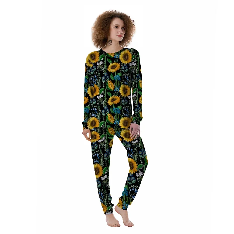 Black Sunflower Floral Women's Pajamas Movie night pajama sets