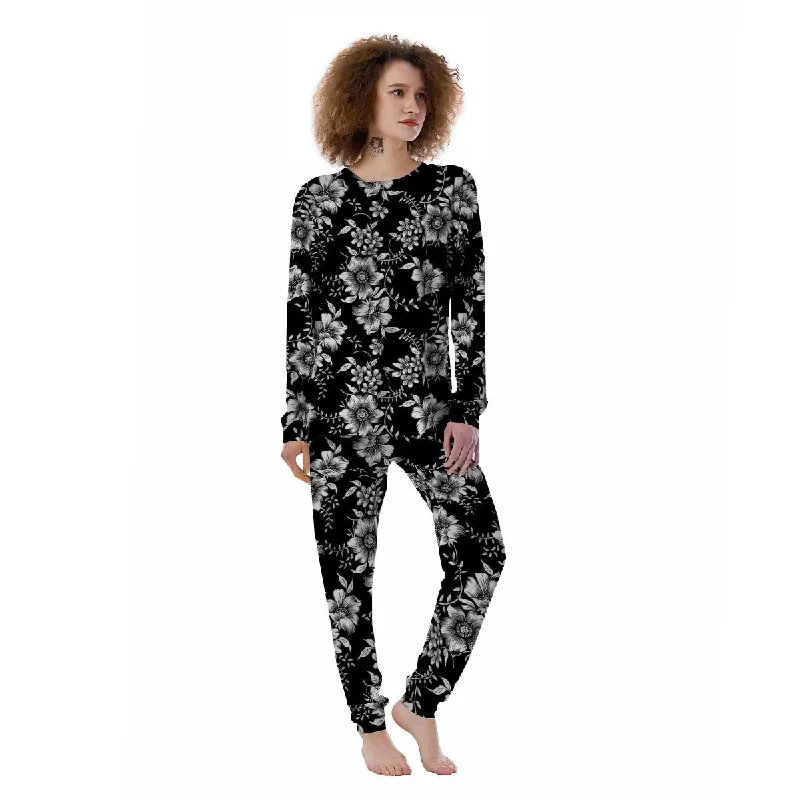 Black White Floral Print Women's Pajamas Postpartum pajama sets