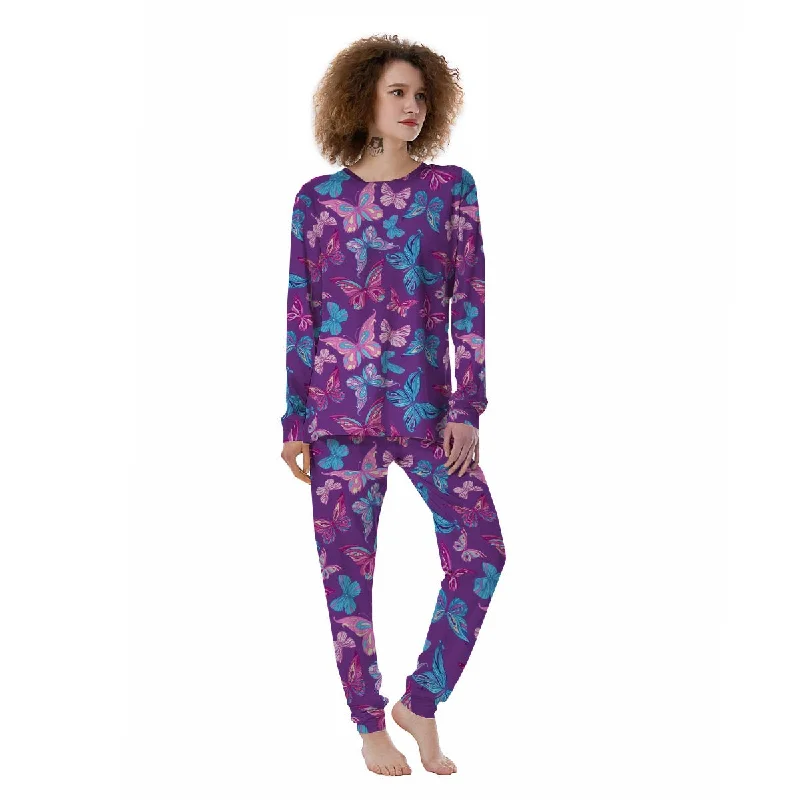 Blue And Pink Butterfly Print Women's Pajamas Bridal pajama sets