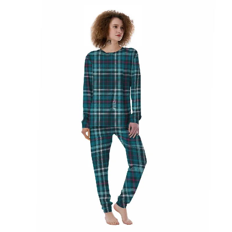 Blue Aqua Plaid Tartan Women's Pajamas Jogger pajama sets