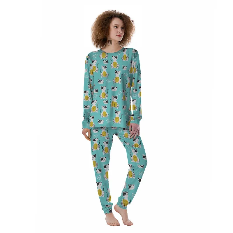 Blue Cat Print Women's Pajamas Floral pajama sets