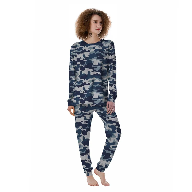 Blue Navy Camo Print Women's Pajamas Minimalist pajama sets