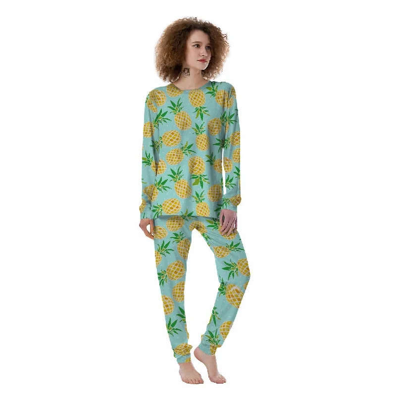 Blue Pineapple Print Women's Pajamas Warm pajama sets