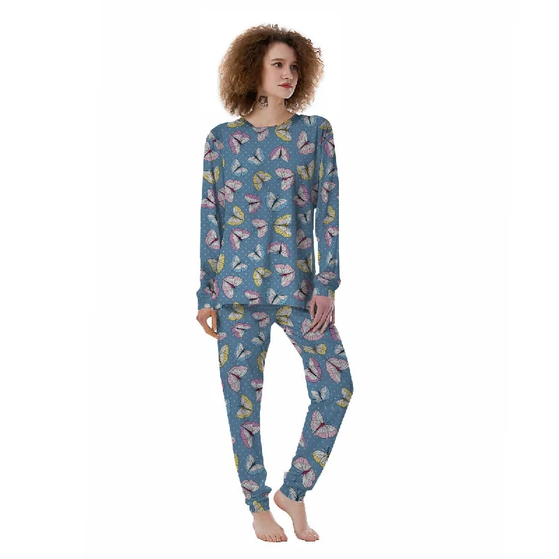 Blue Polka Dots Butterfly Print Women's Pajamas Polyester pajama sets