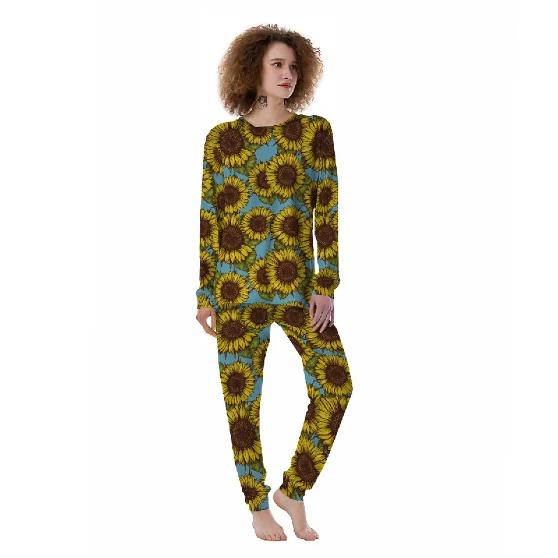 Blue Sunflower Print Women's Pajamas Unisex pajama sets