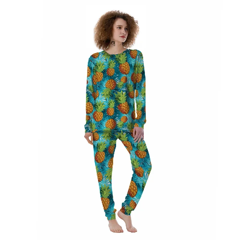 Blue Tropical Hawaiian Pineapple Print Women's Pajamas Kids' pajama sets