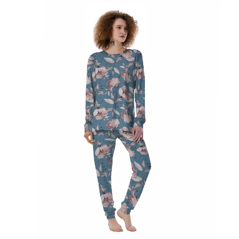 Blue Vintage Floral Print Women's Pajamas Men's pajama sets